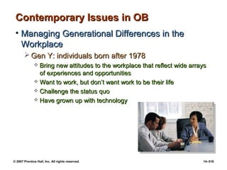 © 2007 Prentice Hall, Inc. All rights reserved. 14–516
Contemporary Issues in OB
Contemporary Issues in OB
• Managing Generational Differences in the
Managing Generational Differences in the
Workplace
Workplace
 Gen Y: individuals born after 1978
Gen Y: individuals born after 1978
 Bring new attitudes to the workplace that reflect wide arrays
Bring new attitudes to the workplace that reflect wide arrays
of experiences and opportunities
of experiences and opportunities
 Want to work, but don’t want work to be their life
Want to work, but don’t want work to be their life
 Challenge the status quo
Challenge the status quo
 Have grown up with technology
Have grown up with technology
 