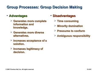 © 2007 Prentice Hall, Inc. All rights reserved. 15–541
Group Processes: Group Decision Making
Group Processes: Group Decision Making
• Advantages
Advantages
 Generates more complete
Generates more complete
information and
information and
knowledge.
knowledge.
 Generates more diverse
Generates more diverse
alternatives.
alternatives.
 Increases acceptance of a
Increases acceptance of a
solution.
solution.
 Increases legitimacy of
Increases legitimacy of
decision.
decision.
• Disadvantages
Disadvantages
 Time consuming
Time consuming
 Minority domination
Minority domination
 Pressures to conform
Pressures to conform
 Ambiguous responsibility
Ambiguous responsibility
 
