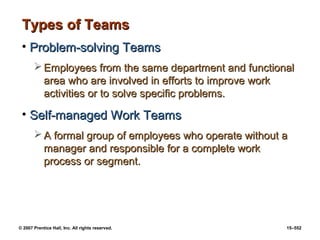 © 2007 Prentice Hall, Inc. All rights reserved. 15–552
Types of Teams
Types of Teams
• Problem-solving Teams
Problem-solving Teams
 Employees from the same department and functional
Employees from the same department and functional
area who are involved in efforts to improve work
area who are involved in efforts to improve work
activities or to solve specific problems.
activities or to solve specific problems.
• Self-managed Work Teams
Self-managed Work Teams
 A formal group of employees who operate without a
A formal group of employees who operate without a
manager and responsible for a complete work
manager and responsible for a complete work
process or segment.
process or segment.
 