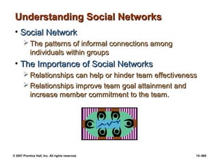 © 2007 Prentice Hall, Inc. All rights reserved. 15–560
Understanding Social Networks
Understanding Social Networks
• Social Network
Social Network
 The patterns of informal connections among
The patterns of informal connections among
individuals within groups
individuals within groups
• The Importance of Social Networks
The Importance of Social Networks
 Relationships can help or hinder team effectiveness
Relationships can help or hinder team effectiveness
 Relationships improve team goal attainment and
Relationships improve team goal attainment and
increase member commitment to the team.
increase member commitment to the team.
 