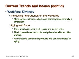© 2007 Prentice Hall, Inc. All rights reserved. 2–57
Current Trends and Issues (cont’d)
Current Trends and Issues (cont’d)
• Workforce Diversity
Workforce Diversity
 Increasing heterogeneity in the workforce
Increasing heterogeneity in the workforce
 More gender, minority, ethnic, and other forms of diversity in
More gender, minority, ethnic, and other forms of diversity in
employees
employees
 Aging workforce
Aging workforce
 Older employees who work longer and do not retire
Older employees who work longer and do not retire
 The increased costs of public and private benefits for older
The increased costs of public and private benefits for older
workers
workers
 An increasing demand for products and services related to
An increasing demand for products and services related to
aging.
aging.
 