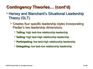 © 2007 Prentice Hall, Inc. All rights reserved. 17–581
Contingency Theories… (cont’d)
Contingency Theories… (cont’d)
• Hersey and Blanchard’s Situational Leadership
Hersey and Blanchard’s Situational Leadership
Theory (SLT)
Theory (SLT)
 Creates four specific leadership styles incorporating
Creates four specific leadership styles incorporating
Fiedler’s two leadership dimensions:
Fiedler’s two leadership dimensions:
 Telling:
Telling: high task-low relationship leadership
high task-low relationship leadership
 Selling:
Selling: high task-high relationship leadership
high task-high relationship leadership
 Participating:
Participating: low task-high relationship leadership
low task-high relationship leadership
 Delegating:
Delegating: low task-low relationship leadership
low task-low relationship leadership
 