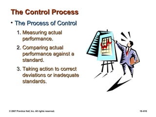 © 2007 Prentice Hall, Inc. All rights reserved. 18–616
The Control Process
The Control Process
• The Process of Control
The Process of Control
1.
1. Measuring actual
Measuring actual
performance.
performance.
2.
2. Comparing actual
Comparing actual
performance against a
performance against a
standard.
standard.
3.
3. Taking action to correct
Taking action to correct
deviations or inadequate
deviations or inadequate
standards.
standards.
 