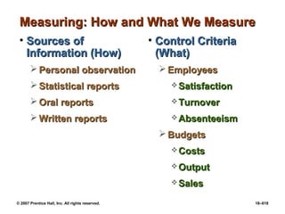 © 2007 Prentice Hall, Inc. All rights reserved. 18–618
Measuring: How and What We Measure
Measuring: How and What We Measure
• Sources of
Sources of
Information (How)
Information (How)
 Personal observation
Personal observation
 Statistical reports
Statistical reports
 Oral reports
Oral reports
 Written reports
Written reports
• Control Criteria
Control Criteria
(What)
(What)
 Employees
Employees
 Satisfaction
Satisfaction
 Turnover
Turnover
 Absenteeism
Absenteeism
 Budgets
Budgets
 Costs
Costs
 Output
Output
 Sales
Sales
 