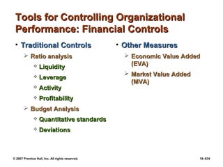 © 2007 Prentice Hall, Inc. All rights reserved. 18–634
Tools for Controlling Organizational
Tools for Controlling Organizational
Performance: Financial Controls
Performance: Financial Controls
• Traditional Controls
Traditional Controls
 Ratio analysis
Ratio analysis
 Liquidity
Liquidity
 Leverage
Leverage
 Activity
Activity
 Profitability
Profitability
 Budget Analysis
Budget Analysis
 Quantitative standards
Quantitative standards
 Deviations
Deviations
• Other Measures
Other Measures
 Economic Value Added
Economic Value Added
(EVA)
(EVA)
 Market Value Added
Market Value Added
(MVA)
(MVA)
 