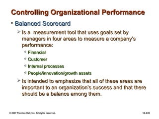 © 2007 Prentice Hall, Inc. All rights reserved. 18–639
Controlling Organizational Performance
Controlling Organizational Performance
• Balanced Scorecard
Balanced Scorecard
 Is a measurement tool that uses goals set by
Is a measurement tool that uses goals set by
managers in four areas to measure a company’s
managers in four areas to measure a company’s
performance:
performance:
 Financial
Financial
 Customer
Customer
 Internal processes
Internal processes
 People/innovation/growth assets
People/innovation/growth assets
 Is intended to emphasize that all of these areas are
Is intended to emphasize that all of these areas are
important to an organization’s success and that there
important to an organization’s success and that there
should be a balance among them.
should be a balance among them.
 