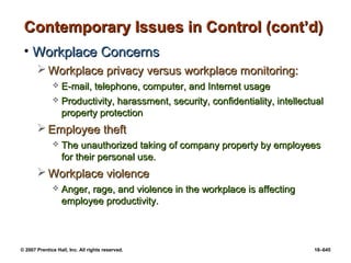 © 2007 Prentice Hall, Inc. All rights reserved. 18–645
Contemporary Issues in Control (cont’d)
Contemporary Issues in Control (cont’d)
• Workplace Concerns
Workplace Concerns
 Workplace privacy versus workplace monitoring:
Workplace privacy versus workplace monitoring:
 E-mail, telephone, computer, and Internet usage
E-mail, telephone, computer, and Internet usage
 Productivity, harassment, security, confidentiality, intellectual
Productivity, harassment, security, confidentiality, intellectual
property protection
property protection
 Employee theft
Employee theft
 The unauthorized taking of company property by employees
The unauthorized taking of company property by employees
for their personal use.
for their personal use.
 Workplace violence
Workplace violence
 Anger, rage, and violence in the workplace is affecting
Anger, rage, and violence in the workplace is affecting
employee productivity.
employee productivity.
 