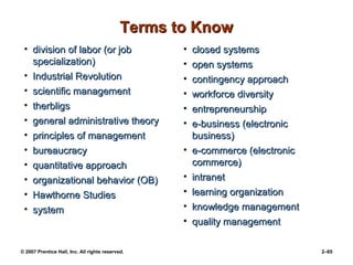 © 2007 Prentice Hall, Inc. All rights reserved. 2–65
Terms to Know
Terms to Know
• division of labor (or job
division of labor (or job
specialization)
specialization)
• Industrial Revolution
Industrial Revolution
• scientific management
scientific management
• therbligs
therbligs
• general administrative theory
general administrative theory
• principles of management
principles of management
• bureaucracy
bureaucracy
• quantitative approach
quantitative approach
• organizational behavior (OB)
organizational behavior (OB)
• Hawthorne Studies
Hawthorne Studies
• system
system
• closed systems
closed systems
• open systems
open systems
• contingency approach
contingency approach
• workforce diversity
workforce diversity
• entrepreneurship
entrepreneurship
• e-business (electronic
e-business (electronic
business)
business)
• e-commerce (electronic
e-commerce (electronic
commerce)
commerce)
• intranet
intranet
• learning organization
learning organization
• knowledge management
knowledge management
• quality management
quality management
 