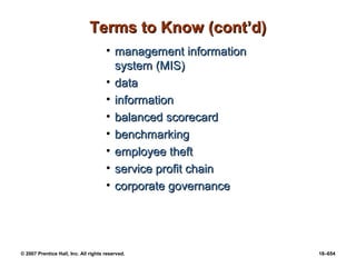 © 2007 Prentice Hall, Inc. All rights reserved. 18–654
Terms to Know (cont’d)
Terms to Know (cont’d)
• management information
management information
system (MIS)
system (MIS)
• data
data
• information
information
• balanced scorecard
balanced scorecard
• benchmarking
benchmarking
• employee theft
employee theft
• service profit chain
service profit chain
• corporate governance
corporate governance
 