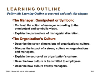 © 2007 Prentice Hall, Inc. All rights reserved. 3–67
L E A R N I N G O U T L I N E
L E A R N I N G O U T L I N E
Follow this Learning Outline as you read and study this chapter.
Follow this Learning Outline as you read and study this chapter.
•The Manager: Omnipotent or Symbolic
The Manager: Omnipotent or Symbolic
• Contrast the action of manager according to the
Contrast the action of manager according to the
omnipotent and symbolic views.
omnipotent and symbolic views.
• Explain the parameters of managerial discretion.
Explain the parameters of managerial discretion.
•The Organization’s Culture
The Organization’s Culture
• Describe the seven dimensions of organizational culture.
Describe the seven dimensions of organizational culture.
• Discuss the impact of a strong culture on organizations
Discuss the impact of a strong culture on organizations
and managers.
and managers.
• Explain the source of an organization’s culture.
Explain the source of an organization’s culture.
• Describe how culture is transmitted to employees.
Describe how culture is transmitted to employees.
• Describe how culture affects managers.
Describe how culture affects managers.
 