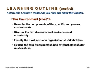 © 2007 Prentice Hall, Inc. All rights reserved. 3–69
L E A R N I N G O U T L I N E (cont’d)
L E A R N I N G O U T L I N E (cont’d)
Follow this Learning Outline as you read and study this chapter.
Follow this Learning Outline as you read and study this chapter.
•The Environment (cont’d)
The Environment (cont’d)
• Describe the components of the specific and general
Describe the components of the specific and general
environments.
environments.
• Discuss the two dimensions of environmental
Discuss the two dimensions of environmental
uncertainty.
uncertainty.
• Identify the most common organizational stakeholders.
Identify the most common organizational stakeholders.
• Explain the four steps in managing external stakeholder
Explain the four steps in managing external stakeholder
relationships.
relationships.
 