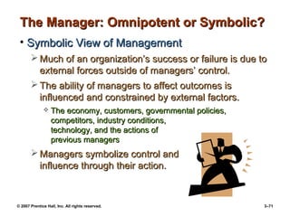 © 2007 Prentice Hall, Inc. All rights reserved. 3–71
The Manager: Omnipotent or Symbolic?
The Manager: Omnipotent or Symbolic?
• Symbolic View of Management
Symbolic View of Management
 Much of an organization’s success or failure is due to
Much of an organization’s success or failure is due to
external forces outside of managers’ control.
external forces outside of managers’ control.
 The ability of managers to affect outcomes is
The ability of managers to affect outcomes is
influenced and constrained by external factors.
influenced and constrained by external factors.
 The economy, customers, governmental policies,
The economy, customers, governmental policies,
competitors, industry conditions,
competitors, industry conditions,
technology, and the actions of
technology, and the actions of
previous managers
previous managers
 Managers symbolize control and
Managers symbolize control and
influence through their action.
influence through their action.
 