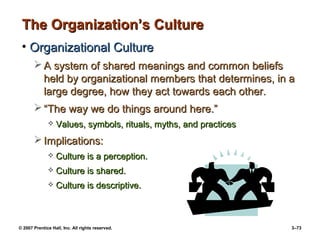 © 2007 Prentice Hall, Inc. All rights reserved. 3–73
The Organization’s Culture
The Organization’s Culture
• Organizational Culture
Organizational Culture
 A system of shared meanings and common beliefs
A system of shared meanings and common beliefs
held by organizational members that determines, in a
held by organizational members that determines, in a
large degree, how they act towards each other.
large degree, how they act towards each other.
 “
“The way we do things around here.”
The way we do things around here.”
 Values, symbols, rituals, myths, and practices
Values, symbols, rituals, myths, and practices
 Implications:
Implications:
 Culture is a perception.
Culture is a perception.
 Culture is shared.
Culture is shared.
 Culture is descriptive.
Culture is descriptive.
 