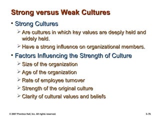 © 2007 Prentice Hall, Inc. All rights reserved. 3–76
Strong versus Weak Cultures
Strong versus Weak Cultures
• Strong Cultures
Strong Cultures
 Are cultures in which key values are deeply held and
Are cultures in which key values are deeply held and
widely held.
widely held.
 Have a strong influence on organizational members.
Have a strong influence on organizational members.
• Factors Influencing the Strength of Culture
Factors Influencing the Strength of Culture
 Size of the organization
Size of the organization
 Age of the organization
Age of the organization
 Rate of employee turnover
Rate of employee turnover
 Strength of the original culture
Strength of the original culture
 Clarity of cultural values and beliefs
Clarity of cultural values and beliefs
 