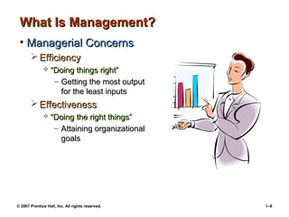 © 2007 Prentice Hall, Inc. All rights reserved. 1–8
What Is Management?
What Is Management?
• Managerial Concerns
Managerial Concerns
 Efficiency
Efficiency
 “
“Doing things right”
Doing things right”
– Getting the most output
Getting the most output
for the least inputs
for the least inputs
 Effectiveness
Effectiveness
 “
“Doing the right things”
Doing the right things”
– Attaining organizational
Attaining organizational
goals
goals
 