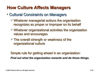© 2007 Prentice Hall, Inc. All rights reserved. 3–81
How Culture Affects Managers
How Culture Affects Managers
• Cultural Constraints on Managers
Cultural Constraints on Managers
 Whatever managerial actions the organization
Whatever managerial actions the organization
recognizes as proper or improper on its behalf
recognizes as proper or improper on its behalf
 Whatever organizational activities the organization
Whatever organizational activities the organization
values and encourages
values and encourages
 The overall strength or weakness of the
The overall strength or weakness of the
organizational culture
organizational culture
Simple rule for getting ahead in an organization:
Simple rule for getting ahead in an organization:
Find out what the organization rewards and do those things.
Find out what the organization rewards and do those things.
 