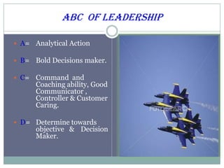 ABC  OF LEADERSHIP A= 	Analytical Action  B= 	Bold Decisions maker. C= 	Command  and 	Coaching ability, Good 	Communicator ,Controller & Customer Caring. D=	Determine towards 	objective   &	Decision 	Maker. 