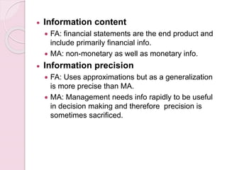  Information content 
 FA: financial statements are the end product and 
include primarily financial info. 
 MA: non-monetary as well as monetary info. 
 Information precision 
 FA: Uses approximations but as a generalization 
is more precise than MA. 
 MA: Management needs info rapidly to be useful 
in decision making and therefore precision is 
sometimes sacrificed. 
 