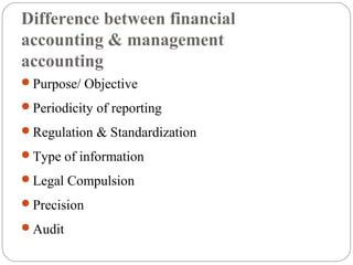 Difference between financial
accounting & management
accounting
Purpose/ Objective
Periodicity of reporting
Regulation ...
