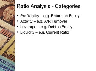 Ratio Analysis - Categories
• Profitability – e.g. Return on Equity
• Activity – e.g. A/R Turnover
• Leverage – e.g. Debt to Equity
• Liquidity – e.g. Current Ratio
 