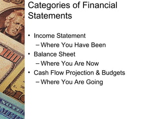 Categories of Financial
Statements
• Income Statement
– Where You Have Been
• Balance Sheet
– Where You Are Now
• Cash Flow Projection & Budgets
– Where You Are Going
 