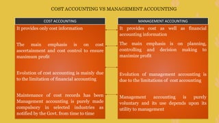 COST ACCOUNTING VS MANAGEMENT ACCOUNTING
It provides only cost information
The main emphasis is on cost
ascertainment and cost control to ensure
maximum profit
Evolution of cost accounting is mainly due
to the limitation of financial accounting
Maintenance of cost records has been
Management accounting is purely made
compulsory in selected industries as
notified by the Govt. from time to time
It provides cost as well as financial
accounting information
The main emphasis is on planning,
controlling and decision making to
maximize profit
Evolution of management accounting is
due to the limitations of cost accounting
Management accounting is purely
voluntary and its use depends upon its
utility to management
COST ACCOUNTING MANAGEMENT ACCOUNTING
 