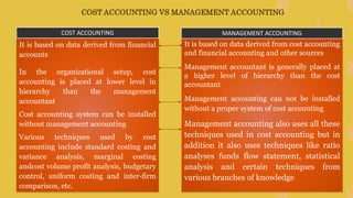 COST ACCOUNTING VS MANAGEMENT ACCOUNTING
It is based on data derived from financial
accounts
In the organizational setup, cost
accounting is placed at lower level in
hierarchy than the management
accountant
Cost accounting system can be installed
without management accounting
Various techniques used by cost
accounting include standard costing and
variance analysis, marginal costing
andcost volume profit analysis, budgetary
control, uniform costing and inter-firm
comparison, etc.
It is based on data derived from cost accounting
and financial accounting and other sources
Management accountant is generally placed at
a higher level of hierarchy than the cost
accountant
Management accounting can not be installed
without a proper system of cost accounting
Management accounting also uses all these
techniques used in cost accounting but in
addition it also uses techniques like ratio
analyses funds flow statement, statistical
analysis and certain techniques from
various branches of knowledge
COST ACCOUNTING MANAGEMENT ACCOUNTING
 