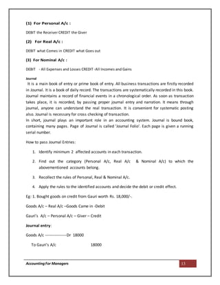 AccountingFor Managers 13
(1) For Personal A/c :
DEBIT the Receiver CREDIT the Giver
(2) For Real A/c :
DEBIT what Comes in CREDIT what Goes out
(3) For Nominal A/c :
DEBIT - All Expenses and Losses CREDIT -All Incomes and Gains
Journal
It is a main book of entry or prime book of entry. All business transactions are firstly recorded
in Journal. It is a book of daily record. The transactions are systematically recorded in this book.
Journal maintains a record of financial events in a chronological order. As soon as transaction
takes place, it is recorded, by passing proper journal entry and narration. It means through
journal, anyone can understand the real transaction. It is convenient for systematic posting
also. Journal is necessary for cross checking of transaction.
In short, journal plays an important role in an accounting system. Journal is bound book,
containing many pages. Page of Journal is called 'Journal Folio'. Each page is given a running
serial number.
How to pass Journal Entries:
1. Identify minimum 2 affected accounts in each transaction.
2. Find out the category (Personal A/c, Real A/c & Nominal A/c) to which the
abovementioned accounts belong.
3. Recollect the rules of Personal, Real & Nominal A/c.
4. Apply the rules to the identified accounts and decide the debit or credit effect.
Eg: 1. Bought goods on credit from Gauri worth Rs. 18,000/-.
Goods A/c – Real A/c –Goods Came in -Debit
Gauri’s A/c – Personal A/c – Giver – Credit
Journal entry:
Goods A/c ----------------Dr 18000
To Gauri’s A/c 18000
 