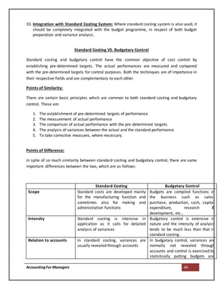AccountingFor Managers 40
10. Integration with Standard Costing System: Where standard costing system is also used, it
should be completely integrated with the budget programme, in respect of both budget
preparation and variance analysis.
Standard Costing VS. Budgetary Control
Standard costing and budgetary control have the common objective of cost control by
establishing pre-determined targets. The actual performances are measured and compared
with the pre-determined targets for control purposes. Both the techniques are of importance in
their respective fields and are complementary to each other.
Points of Similarity:
There are certain basic principles which are common to both standard costing and budgetary
control. These are:
1. The establishment of pre-determined targets of performance
2. The measurement of actual performance
3. The comparison of actual performance with the pre-determined targets.
4. The analysis of variances between the actual and the standard performance
5. To take corrective measures, where necessary.
Points of Difference:
In spite of so much similarity between standard costing and budgetary control, there are some
important differences between the two, which are as follows:
Standard Costing Budgetary Control
Scope Standard costs are developed mainly
for the manufacturing function and
sometimes also for making and
administration functions
Budgets are compiled functions of
the business such as sales,
purchase, production, cash, capital
expenditure, research &
development, etc.,
Intensity Standard costing is intensive in
application as it calls for detailed
analysis of variances
Budgetary control is extensive in
nature and the intensity of analysis
tends to be much less than that in
standard costing.
Relation to accounts In standard costing, variances are
usually revealed through accounts
In budgetary control, variances are
normally not revealed through
accounts and control is exercised by
statistically putting budgets and
 