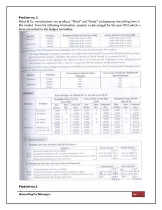 AccountingFor Managers 44
Problem no. 1
Rahul & Co. manufactures two products “Phool” and “Kante” and operates foe selling them in
the market. From the following information, prepare a sales budget for the year 2010 which is
to be presented to the budget committee.
Problem no.2
 