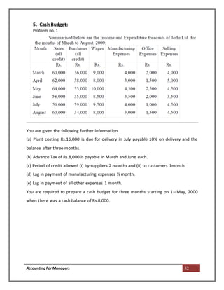 AccountingFor Managers 52
5. Cash Budget:
Problem no. 1
You are given the following further information.
(a) Plant costing Rs.16,000 is due for delivery in July payable 10% on delivery and the
balance after three months.
(b) Advance Tax of Rs.8,000 is payable in March and June each.
(c) Period of credit allowed (i) by suppliers 2 months and (ii) to customers 1month.
(d) Lag in payment of manufacturing expenses ½ month.
(e) Lag in payment of all other expenses 1 month.
You are required to prepare a cash budget for three months starting on 1st May, 2000
when there was a cash balance of Rs.8,000.
 