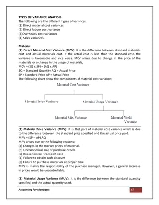 AccountingFor Managers 67
TYPES OF VARIANCE ANALYSIS
The following are the different types of variances.
(1) Direct material cost variances
(2) Direct labour cost variance
(3)Overheads cost variances
(4) Sales variances.
Material
(1) Direct Material Cost Variance (MCV): It is the difference between standard materials
cost and actual materials cost. If the actual cost is less than the standard cost, the
variance is favourable and vice versa. MCV arises due to change in the price of the
materials or a change in the usage of materials,
MCV = (SQ x SP) – (AQ x AP)
SQ = Standard Quantity AQ = Actual Price
SP = Standard Price AP = Actual Price
The following chart show the components of material cost variance:
(2) Material Price Variance (MPV): It is that part of material cost variance which is due
to the difference between the standard price specified and the actual price paid.
MPV = (SP – AP) AQ
MPV arises due to the following reasons:
(a) Changes in the market prices of materials
(b) Uneconomical size of purchase orders
(c) Uneconomical transport cost
(d) Failure to obtain cash discount
(e) Failure to purchase materials at proper time.
MPV is mainly the responsibility of the purchase manager. However, a general increase
in prices would be uncontrollable.
(3) Material Usage Variance (MUV): It is the difference between the standard quantity
specified and the actual quantity used.
 