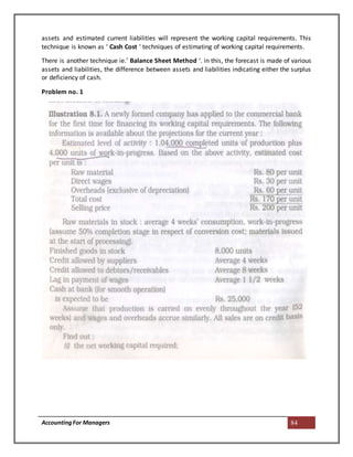 AccountingFor Managers 84
assets and estimated current liabilities will represent the working capital requirements. This
technique is known as ‘ Cash Cost ‘ techniques of estimating of working capital requirements.
There is another technique ie.’ Balance Sheet Method ‘. in this, the forecast is made of various
assets and liabilities, the difference between assets and liabilities indicating either the surplus
or deficiency of cash.
Problem no. 1
 