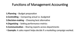 Functions of Management Accounting
1.Planning – Budget preparation
2.Controlling – Comparing actual vs. budgeted
3.Decision-making – Choosing best alternative
4.Organizing – Setting performance metrics
5.Communication – Sharing reports across departments
• Example: A sales report helps decide if a marketing campaign worked.
 