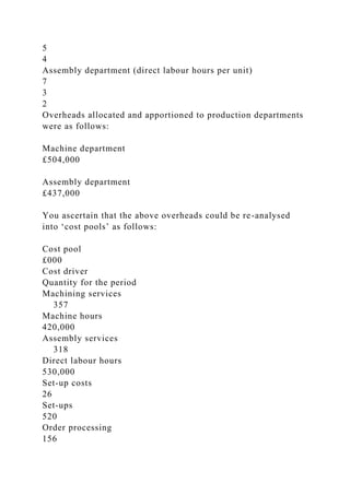 5
4
Assembly department (direct labour hours per unit)
7
3
2
Overheads allocated and apportioned to production departments
were as follows:
Machine department
£504,000
Assembly department
£437,000
You ascertain that the above overheads could be re-analysed
into ‘cost pools’ as follows:
Cost pool
£000
Cost driver
Quantity for the period
Machining services
357
Machine hours
420,000
Assembly services
318
Direct labour hours
530,000
Set-up costs
26
Set-ups
520
Order processing
156
 
