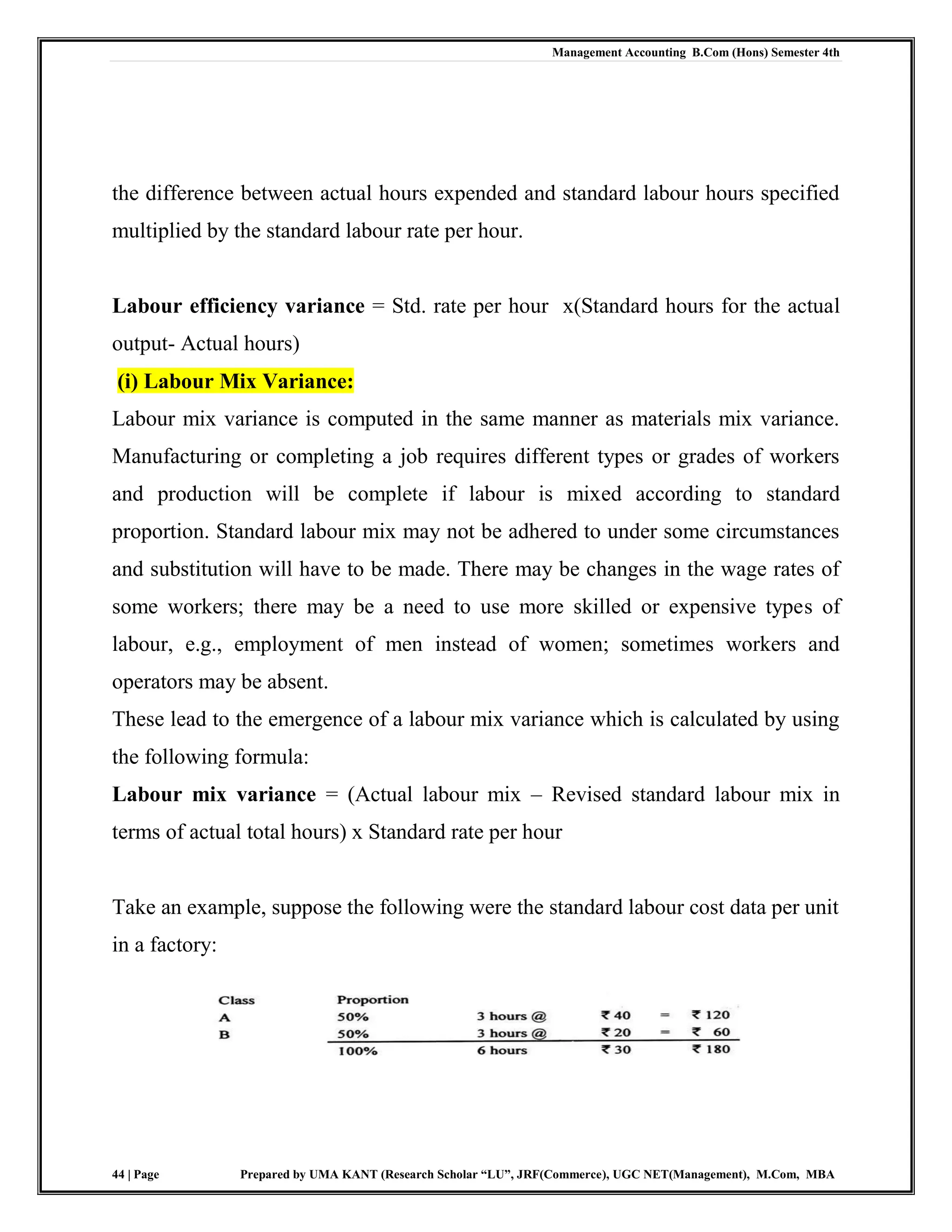 Management Accounting B.Com (Hons) Semester 4th
44 | Page Prepared by UMA KANT (Research Scholar “LU”, JRF(Commerce), UGC NET(Management), M.Com, MBA
the difference between actual hours expended and standard labour hours specified
multiplied by the standard labour rate per hour.
Labour efficiency variance = Std. rate per hour x(Standard hours for the actual
output- Actual hours)
(i) Labour Mix Variance:
Labour mix variance is computed in the same manner as materials mix variance.
Manufacturing or completing a job requires different types or grades of workers
and production will be complete if labour is mixed according to standard
proportion. Standard labour mix may not be adhered to under some circumstances
and substitution will have to be made. There may be changes in the wage rates of
some workers; there may be a need to use more skilled or expensive types of
labour, e.g., employment of men instead of women; sometimes workers and
operators may be absent.
These lead to the emergence of a labour mix variance which is calculated by using
the following formula:
Labour mix variance = (Actual labour mix – Revised standard labour mix in
terms of actual total hours) x Standard rate per hour
Take an example, suppose the following were the standard labour cost data per unit
in a factory:
 