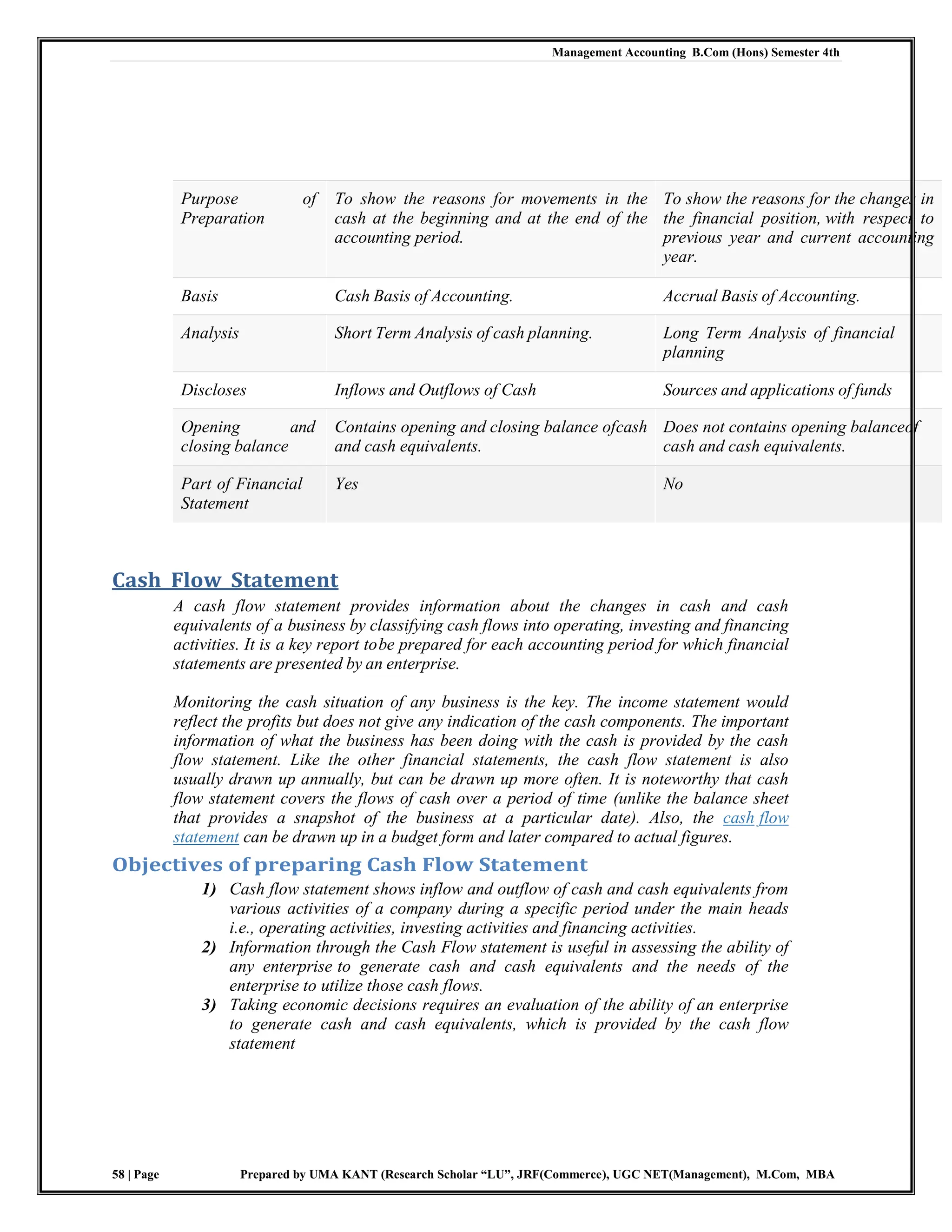 Management Accounting B.Com (Hons) Semester 4th
58 | Page Prepared by UMA KANT (Research Scholar “LU”, JRF(Commerce), UGC NET(Management), M.Com, MBA
Purpose of
Preparation
To show the reasons for movements in the
cash at the beginning and at the end of the
accounting period.
To show the reasons for the changes in
the financial position, with respect to
previous year and current accounting
year.
Basis Cash Basis of Accounting. Accrual Basis of Accounting.
Analysis Short Term Analysis of cash planning. Long Term Analysis of financial
planning
Discloses Inflows and Outflows of Cash Sources and applications of funds
Opening and
closing balance
Contains opening and closing balance ofcash
and cash equivalents.
Does not contains opening balanceof
cash and cash equivalents.
Part of Financial
Statement
Yes No
Cash Flow Statement
A cash flow statement provides information about the changes in cash and cash
equivalents of a business by classifying cash flows into operating, investing and financing
activities. It is a key report tobe prepared for each accounting period for which financial
statements are presented by an enterprise.
Monitoring the cash situation of any business is the key. The income statement would
reflect the profits but does not give any indication of the cash components. The important
information of what the business has been doing with the cash is provided by the cash
flow statement. Like the other financial statements, the cash flow statement is also
usually drawn up annually, but can be drawn up more often. It is noteworthy that cash
flow statement covers the flows of cash over a period of time (unlike the balance sheet
that provides a snapshot of the business at a particular date). Also, the cash flow
statement can be drawn up in a budget form and later compared to actual figures.
Objectives of preparing Cash Flow Statement
1) Cash flow statement shows inflow and outflow of cash and cash equivalents from
various activities of a company during a specific period under the main heads
i.e., operating activities, investing activities and financing activities.
2) Information through the Cash Flow statement is useful in assessing the ability of
any enterprise to generate cash and cash equivalents and the needs of the
enterprise to utilize those cash flows.
3) Taking economic decisions requires an evaluation of the ability of an enterprise
to generate cash and cash equivalents, which is provided by the cash flow
statement
 