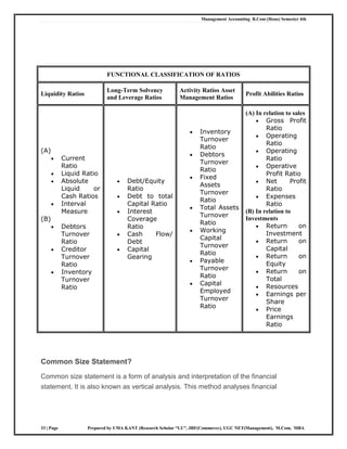 Management Accounting B.Com (Hons) Semester 4th
33 | Page Prepared by UMA KANT (Research Scholar “LU”, JRF(Commerce), UGC NET(Management), M.Com, MBA
FUNCTIONAL CLASSIFICATION OF RATIOS
Liquidity Ratios
Long-Term Solvency
and Leverage Ratios
Activity Ratios Asset
Management Ratios
Profit Abilities Ratios
(A)
 Current
Ratio
 Liquid Ratio
 Absolute
Liquid or
Cash Ratios
 Interval
Measure
(B)
 Debtors
Turnover
Ratio
 Creditor
Turnover
Ratio
 Inventory
Turnover
Ratio
 Debt/Equity
Ratio
 Debt to total
Capital Ratio
 Interest
Coverage
Ratio
 Cash Flow/
Debt
 Capital
Gearing
 Inventory
Turnover
Ratio
 Debtors
Turnover
Ratio
 Fixed
Assets
Turnover
Ratio
 Total Assets
Turnover
Ratio
 Working
Capital
Turnover
Ratio
 Payable
Turnover
Ratio
 Capital
Employed
Turnover
Ratio
(A) In relation to sales
 Gross Profit
Ratio
 Operating
Ratio
 Operating
Ratio
 Operative
Profit Ratio
 Net Profit
Ratio
 Expenses
Ratio
(B) In relation to
Investments
 Return on
Investment
 Return on
Capital
 Return on
Equity
 Return on
Total
 Resources
 Earnings per
Share
 Price
Earnings
Ratio
Common Size Statement?
Common size statement is a form of analysis and interpretation of the financial
statement. It is also known as vertical analysis. This method analyses financial
 