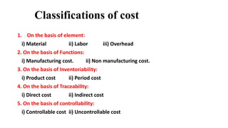 Classifications of cost
1. On the basis of element:
i) Material ii) Labor iii) Overhead
2. On the basis of Functions:
i) Manufacturing cost. ii) Non manufacturing cost.
3. On the basis of Inventoriability:
i) Product cost ii) Period cost
4. On the basis of Traceability:
i) Direct cost ii) Indirect cost
5. On the basis of controllability:
i) Controllable cost ii) Uncontrollable cost
 