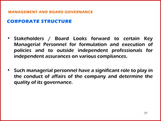 MANAGEMENT AND BOARD GOVERNANCE

CORPORATE STRUCTURE


• Stakeholders / Board Looks forward to certain Key
  Managerial Personnel for formulation and execution of
  policies and to outside independent professionals for
  independent assurances on various compliances.

• Such managerial personnel have a significant role to play in
  the conduct of affairs of the company and determine the
  quality of its governance.




                                                          37
 