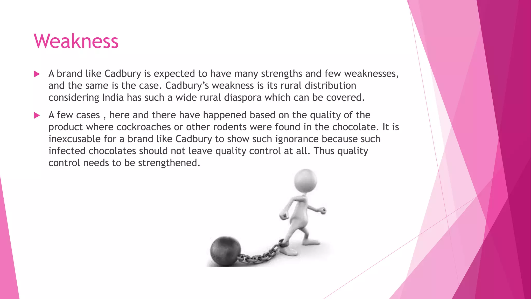 Weakness
 A brand like Cadbury is expected to have many strengths and few weaknesses,
and the same is the case. Cadbury’s weakness is its rural distribution
considering India has such a wide rural diaspora which can be covered.
 A few cases , here and there have happened based on the quality of the
product where cockroaches or other rodents were found in the chocolate. It is
inexcusable for a brand like Cadbury to show such ignorance because such
infected chocolates should not leave quality control at all. Thus quality
control needs to be strengthened.
 