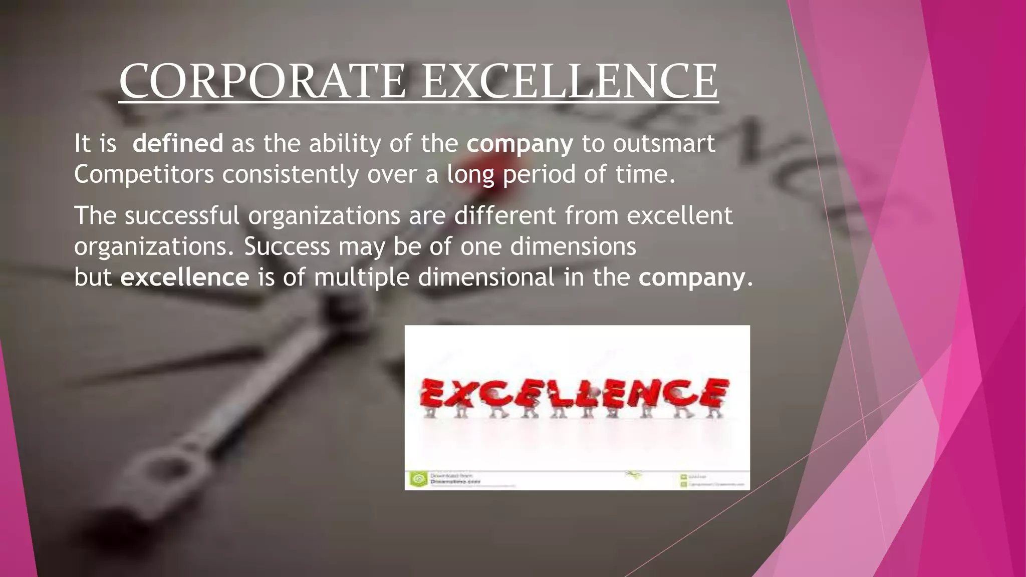 CORPORATE EXCELLENCE
It is defined as the ability of the company to outsmart
Competitors consistently over a long period of time.
The successful organizations are different from excellent
organizations. Success may be of one dimensions
but excellence is of multiple dimensional in the company.
 