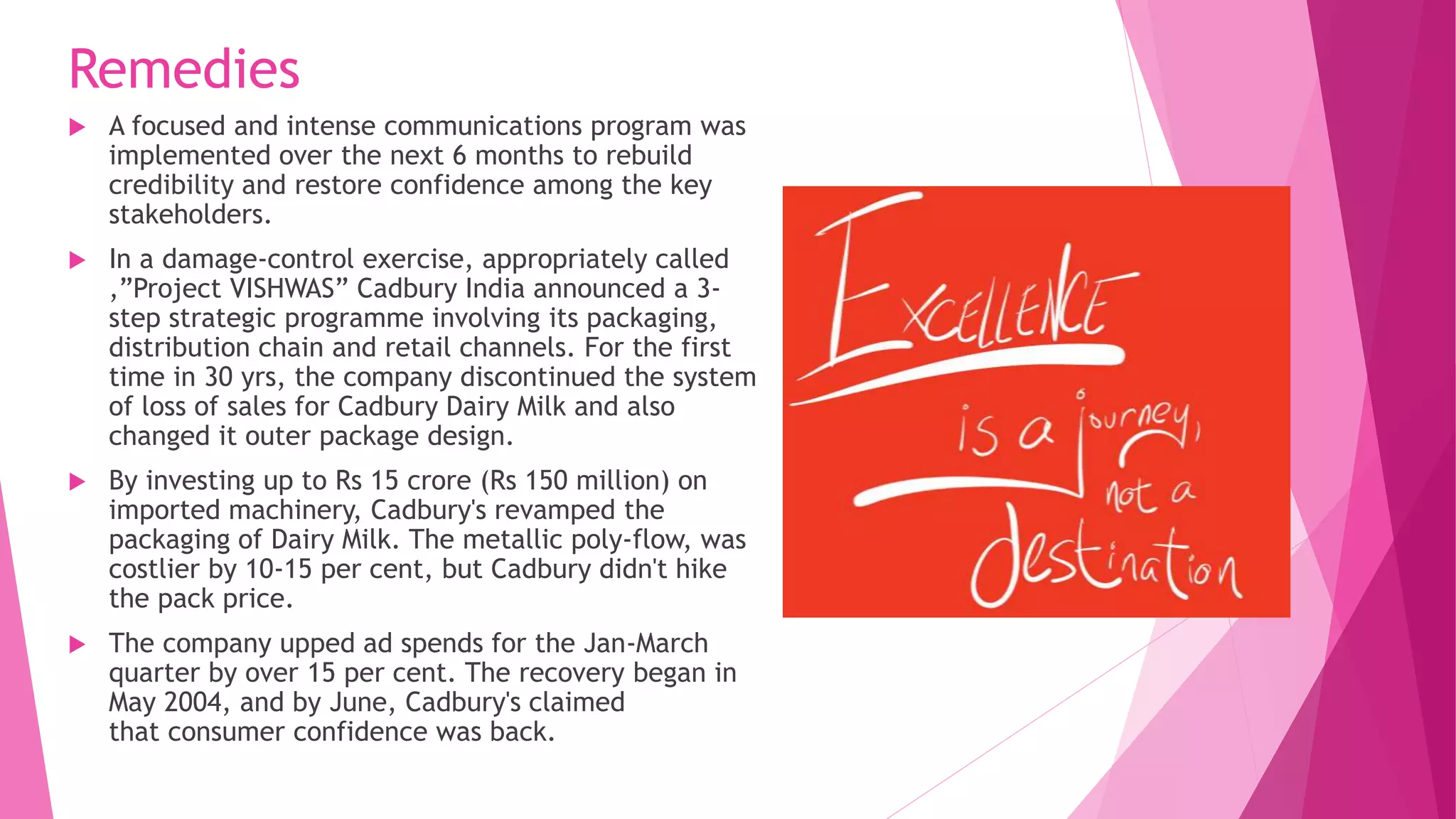 Remedies
 A focused and intense communications program was
implemented over the next 6 months to rebuild
credibility and restore confidence among the key
stakeholders.
 In a damage-control exercise, appropriately called
,”Project VISHWAS” Cadbury India announced a 3-
step strategic programme involving its packaging,
distribution chain and retail channels. For the first
time in 30 yrs, the company discontinued the system
of loss of sales for Cadbury Dairy Milk and also
changed it outer package design.
 By investing up to Rs 15 crore (Rs 150 million) on
imported machinery, Cadbury's revamped the
packaging of Dairy Milk. The metallic poly-flow, was
costlier by 10-15 per cent, but Cadbury didn't hike
the pack price.
 The company upped ad spends for the Jan-March
quarter by over 15 per cent. The recovery began in
May 2004, and by June, Cadbury's claimed
that consumer confidence was back.
 