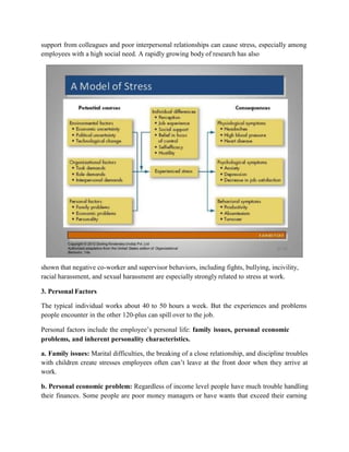 support from colleagues and poor interpersonal relationships can cause stress, especially among
employees with a high social need. A rapidly growing body of research has also
shown that negative co-worker and supervisor behaviors, including fights, bullying, incivility,
racial harassment, and sexual harassment are especially strongly related to stress at work.
3. Personal Factors
The typical individual works about 40 to 50 hours a week. But the experiences and problems
people encounter in the other 120-plus can spill over to the job.
Personal factors include the employee’s personal life: family issues, personal economic
problems, and inherent personality characteristics.
a. Family issues: Marital difficulties, the breaking of a close relationship, and discipline troubles
with children create stresses employees often can’t leave at the front door when they arrive at
work.
b. Personal economic problem: Regardless of income level people have much trouble handling
their finances. Some people are poor money managers or have wants that exceed their earning
 