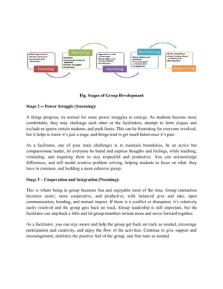 Fig. Stages of Group Development
Stage 2 -- Power Struggle (Storming):
A things progress, its normal for some power struggles to emerge. As students become more
comfortable, they may challenge each other or the facilitators, attempt to form cliques and
exclude or ignore certain students, and push limits. This can be frustrating for everyone involved,
but it helps to know it’s just a stage, and things tend to get much better once it’s past.
As a facilitator, one of your main challenges is to maintain boundaries, be an active but
compassionate leader, let everyone be heard and express thoughts and feelings, while teaching,
reminding, and requiring them to stay respectful and productive. You can acknowledge
differences, and still model creative problem solving, helping students to focus on what they
have in common, and building a more cohesive group.
Stage 3 – Cooperation and Integration (Norming):
This is where being in group becomes fun and enjoyable most of the time. Group interaction
becomes easier, more cooperative, and productive, with balanced give and take, open
communication, bonding, and mutual respect. If there is a conflict or disruption, it’s relatively
easily resolved and the group gets back on track. Group leadership is still important, but the
facilitator can step back a little and let group members initiate more and move forward together.
As a facilitator, you can stay aware and help the group get back on track as needed, encourage
participation and creativity, and enjoy the flow of the activities. Continue to give support and
encouragement, reinforce the positive feel of the group, and fine tune as needed.
 