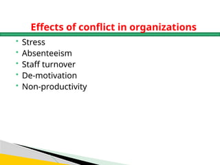 Effects of conflict in organizations
 Stress
 Absenteeism
 Staff turnover
 De-motivation
 Non-productivity
 