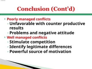 S.M.Israr
Conclusion (Cont’d)
 Poorly managed conflicts
◦ Unfavorable with counter productive
results
◦ Problems and negative attitude
 Well managed conflicts
◦ Stimulate competition
◦ Identify legitimate differences
◦ Powerful source of motivation
 