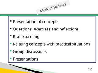 Mode of Delivery
 Presentation of concepts
 Questions, exercises and reflections
 Brainstorming
 Relating concepts with practical situations
 Group discussions
 Presentations
12
 