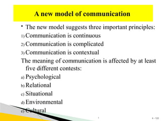 4 - 122
 The new model suggests three important principles:
1) Communication is continuous
2) Communication is complicated
3) Communication is contextual
The meaning of communication is affected by at least
five different contests:
a) Psychological
b) Relational
c) Situational
d) Environmental
e) Cultural
A new model of communication
1
 