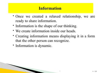 4 - 128
 Once we created a relaxed relationship, we are
ready to share information.
 Information is the shape of our thinking.
 We create information inside our heads.
 Creating information means displaying it in a form
that the other person can recognize.
 Information is dynamic.
Information
1
 